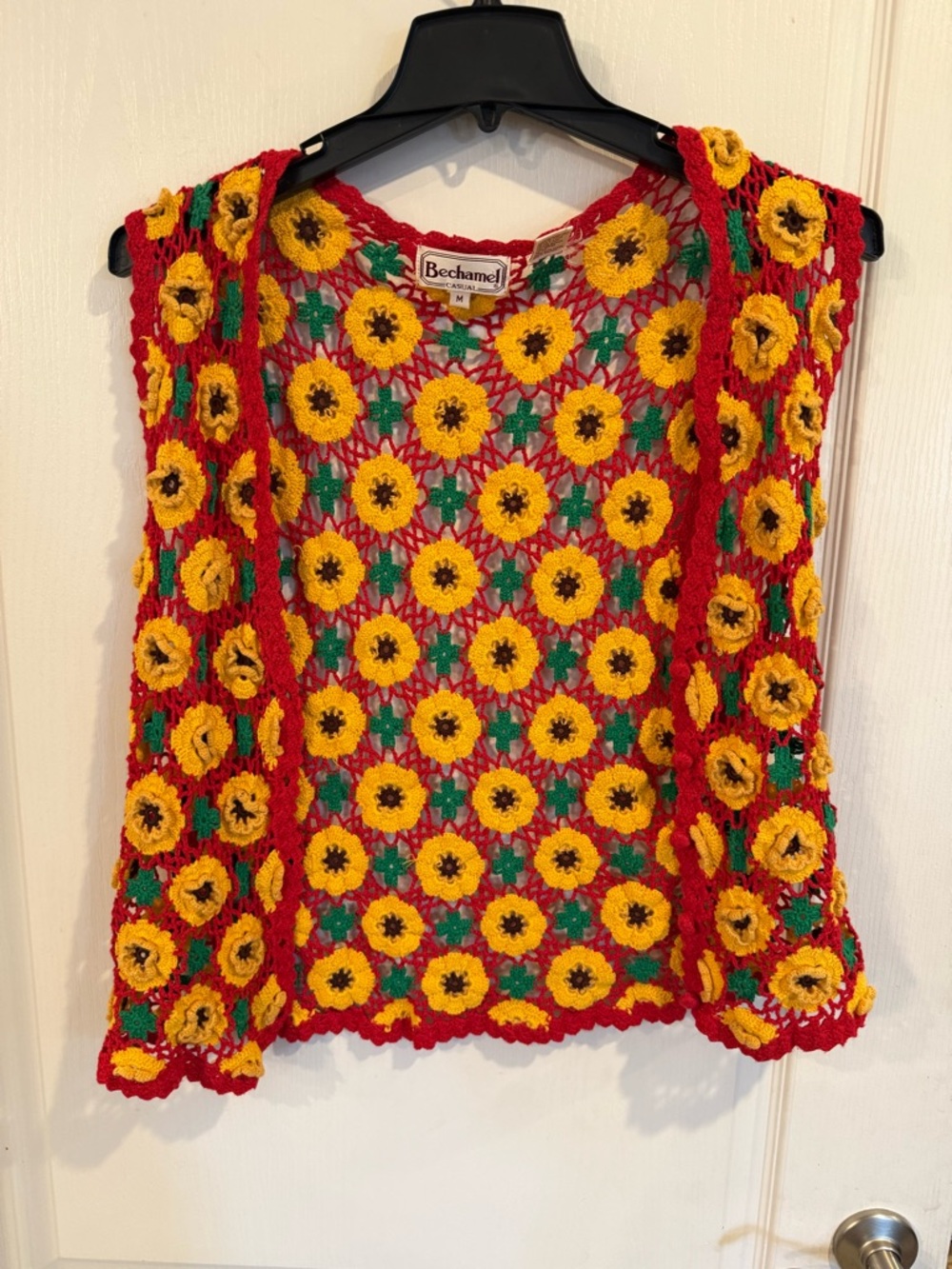 Bechamel vintage red crochet boho sweater vest yellow sunflowers. Size medium
